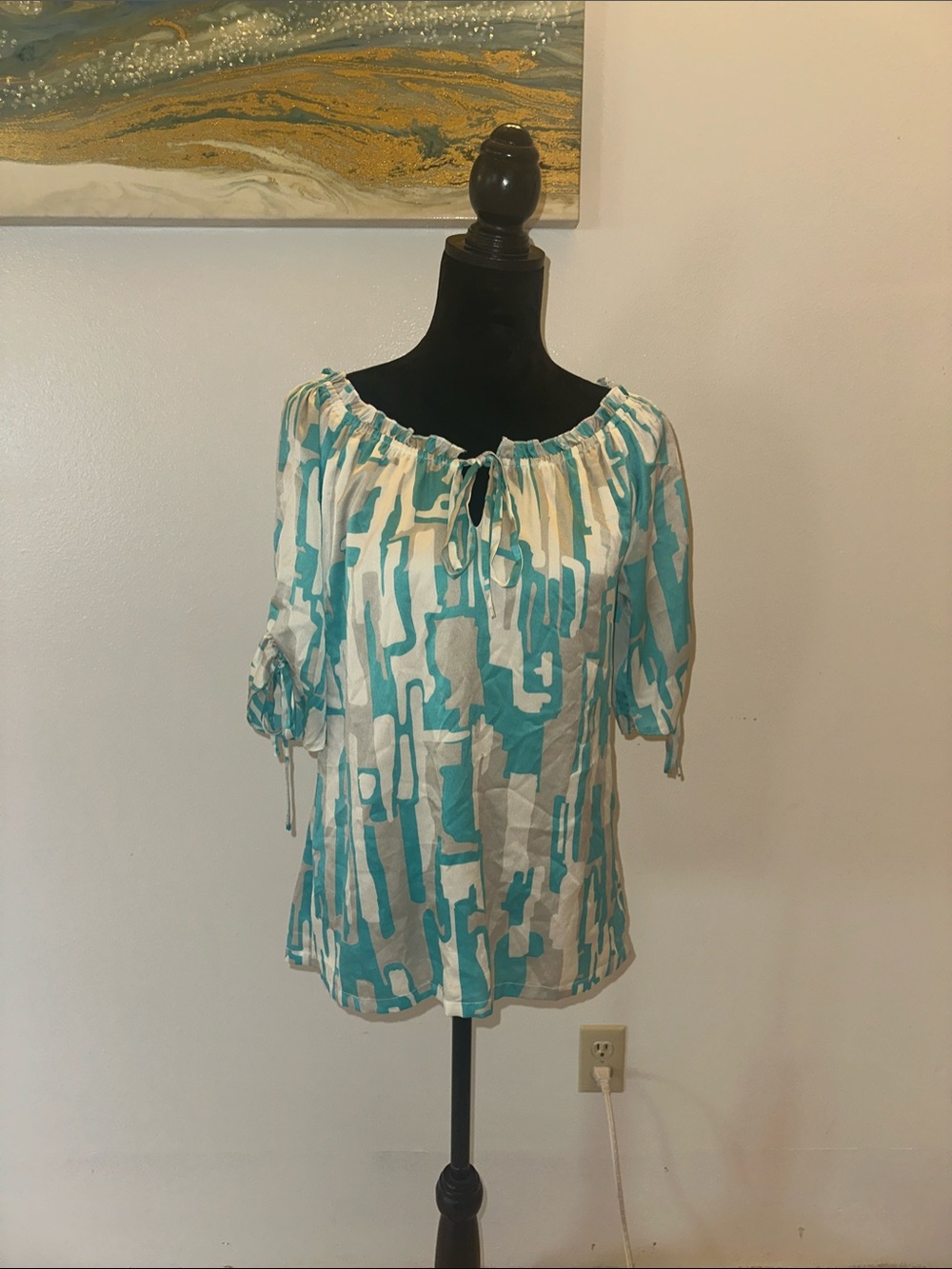 Lightweight Aqua and White Off-Shoulder Peasant Tunic